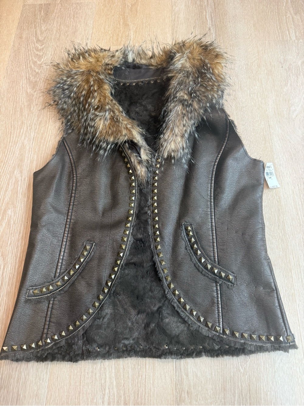 Faux Leather Vest with Fur Trim and Stud Detailing